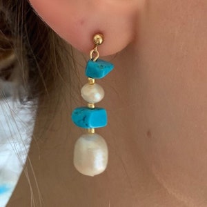 Real Turquoise and Pearl Boho Earrings Beach Jewelry 14k Gold Filled Will Not Tarnish image 1