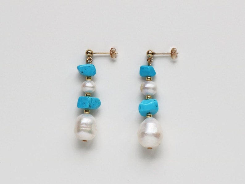 Real Turquoise and Pearl Boho Earrings Beach Jewelry 14k Gold Filled Will Not Tarnish image 3