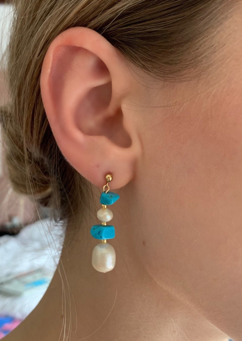 Real Turquoise and Pearl Boho Earrings Beach Jewelry 14k Gold Filled Will Not Tarnish image 1