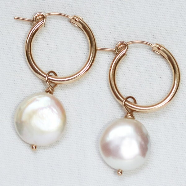 Coin Pearl Hoop Earrings, 14k Gold-filled, Boho Bridal Jewelry, Pearl Jewelry, Minimalist High Quality Jewelry, Sustainable And Zero Waste