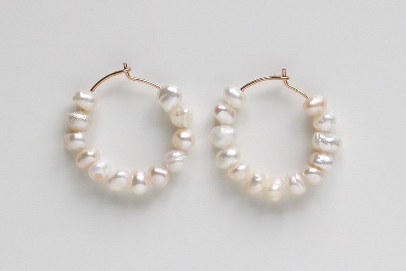 Pearl Earrings, Beaded Hoops, 14k Gold Filled Wire, Boho Pearl Earrings, Bridesmaids Gift, Bridal Earrings, Zero Waste Jewelry image 1