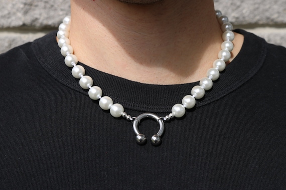 Punk Mens Pearl Necklace Handmade 