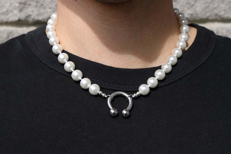 Punk Mens Pearl Necklace - Handmade - Machine Gun Kelly Inspired Necklace - Horseshoe Clasp Pearl Necklace - Pearl Silver Hardware Necklace 