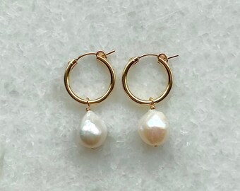 Baroque Pearl Earrings - High Quality 14k Gold Filled Hoop Earrings - Real Pearl Boho Earrings -Sustainable Jewelry