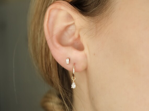14k Gold filled Teardrop Huggie Earrings Treadrop Charm CZ