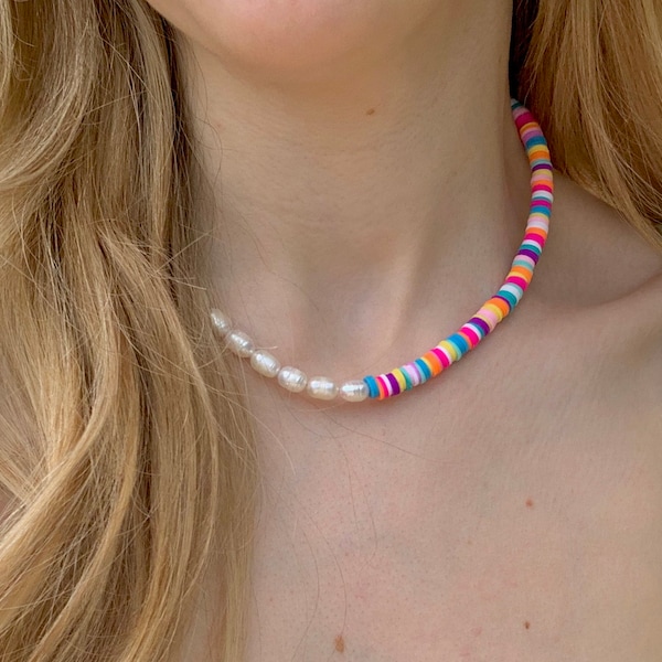 Bold Half Pearl Beaded Necklace - Colourful Heishi Beads - Boho beaded necklace - Trendy Necklace - Beaded necklace - Sustainable Jewelry