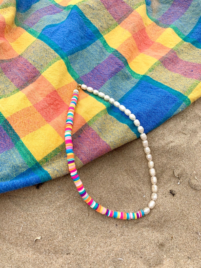 Bold Half Pearl Beaded Necklace Colourful Heishi Beads Boho beaded necklace Trendy Necklace Beaded necklace Sustainable Jewelry image 2