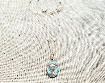 French Art Nouveau turquoise enamel Virgin Mary charm necklace