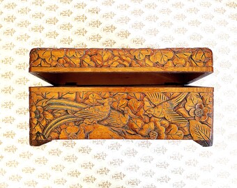 Antique wood handcarved wood box with a floral and Phoenix design  !
