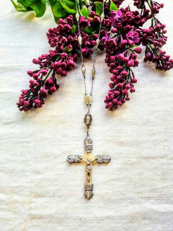 French Antique nacre' and sterling cross necklace . View 4