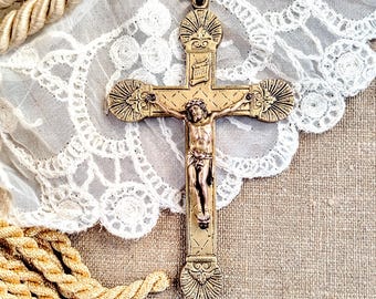 Antique French brass cross with ornate details !