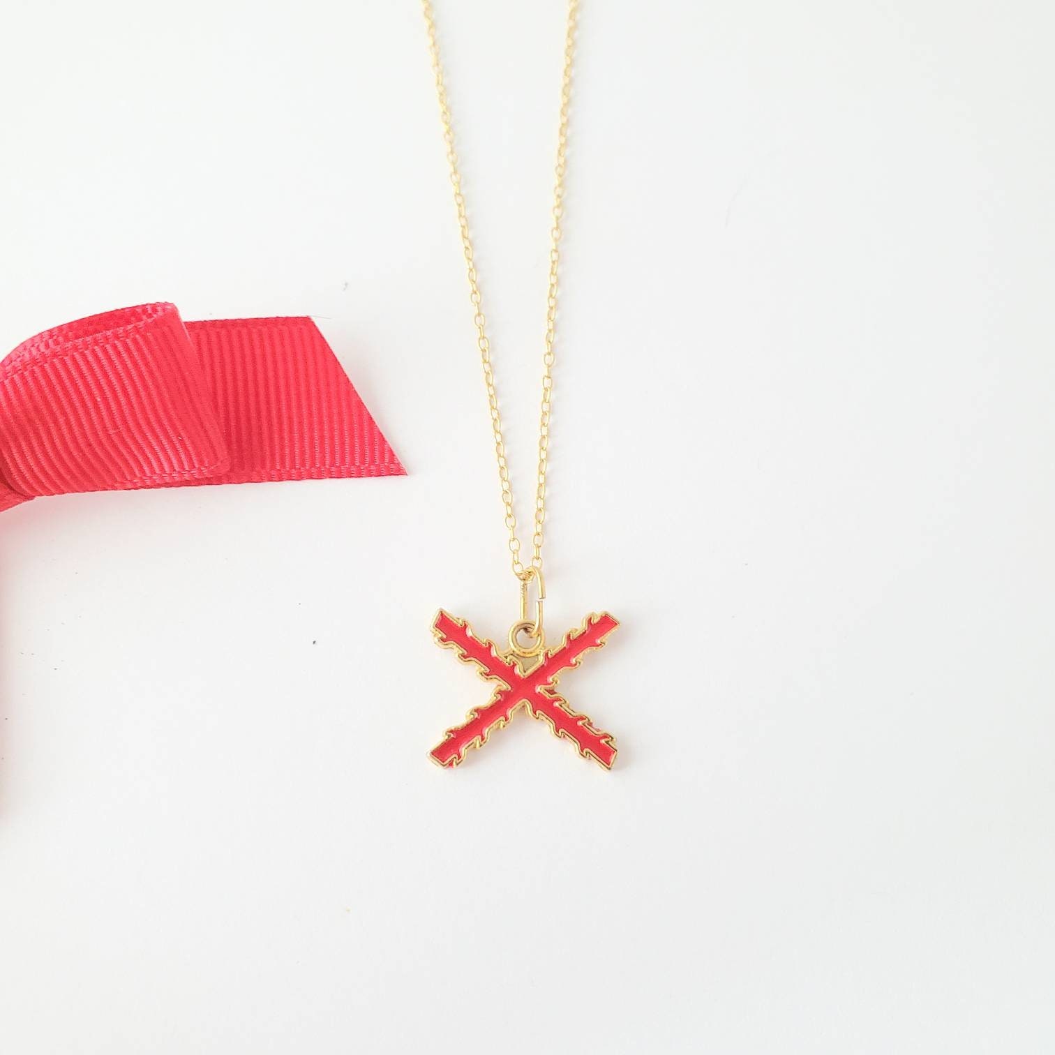 Vintage Enamel Red Satire Cross Necklace . 