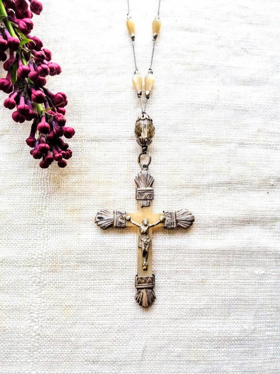 French Antique nacre' and sterling cross necklace . View 2