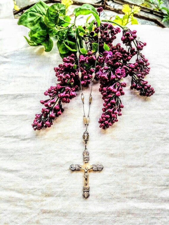 French Antique nacre' and sterling cross necklace . View 6