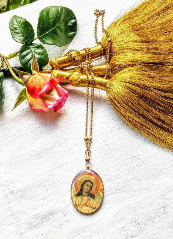 Vintage handpainted Jesus pendant necklace .