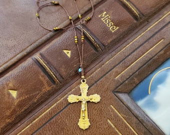 French Antique minature ornate cross necklace.