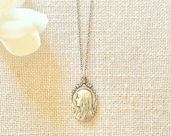 French Antique Art Nouveau Virgin Mary pendant necklace  !
