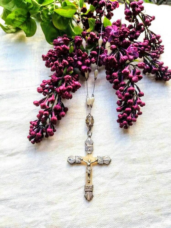French Antique nacre' and sterling cross necklace . View 5