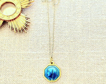 French Antique gold plated and blue enamel Virgin Mary charm necklace  !