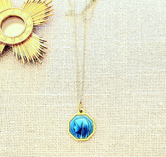 French Antique gold plated and blue enamel Virgin Mary charm necklace !