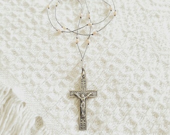 French antique fleur-de-lis silver cross necklace  !