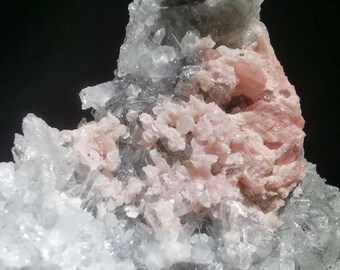 Pink small tabular Rhodochrosite on white Quartz matrix. Wutong Mine Guangxi China, 44mm x 34mm size, B3353