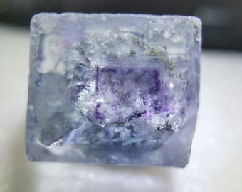 Glassy Cubic Fluorite Crystal: Purple Zoning, Mineral Inclusions, Yaogangxian Mine, 10mm, B3376