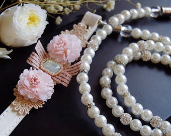 Vackert hundkoppel med rosa blommor. Litet hundkoppel. Födelsedagspresent till hund, hundkoppel med tekopp. Bröllopspärlhundkoppel, hundkoppel med bröllopsmotiv. Valphundkoppel