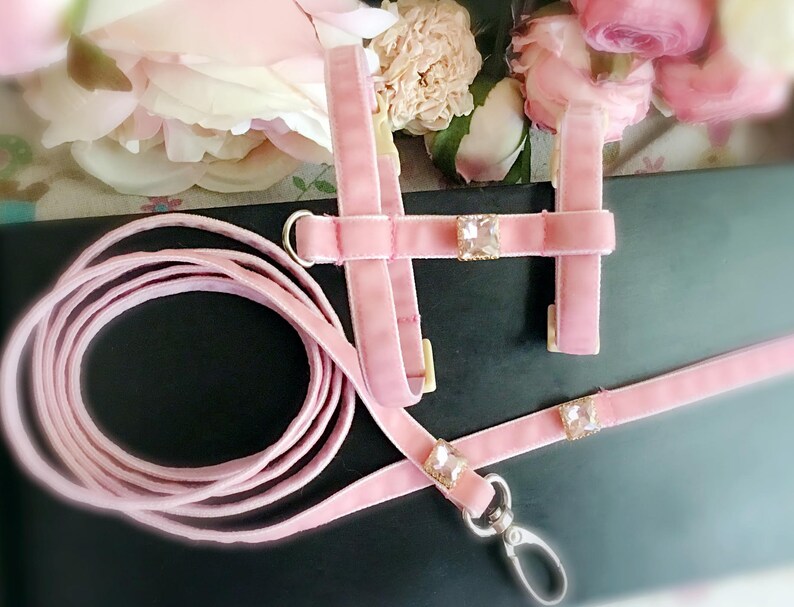 May include: Pink velvet dog harness and leash set with crystal embellishments. The harness has a D-ring for attaching a leash. The leash has a clip for attaching to a collar.