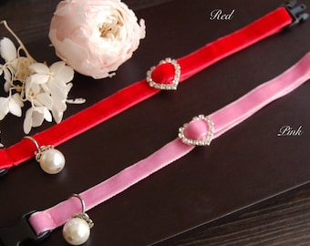 Valentine’s Day Cat collar, Panne velvet cat collar, small dog collar.Tiny dog collar, Birthday cat gift,kitty collar,pearl kitten collar