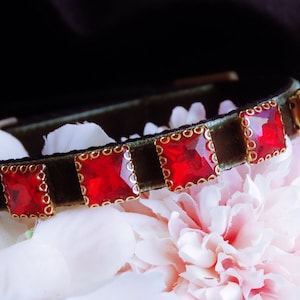Beautiful Red rhinestone Cat collar,dark olive green velvet small dog collar,Kitten collar.Tea cup dog collar kitty collar.puppy collar