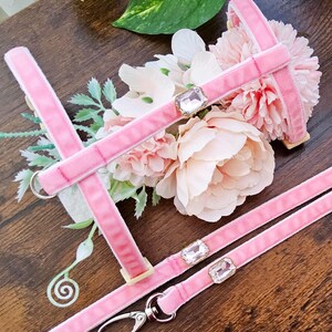 May include: Pink velvet dog harness and leash set with crystal accents. The harness has a  adjustable chest strap and a D-ring for attaching a leash. The leash has a clip for attaching to the harness.