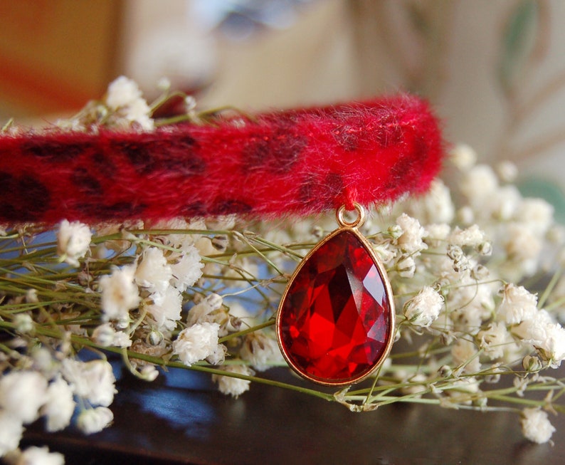 May include: A red faux fur collar with a large, teardrop-shaped red rhinestone pendant.