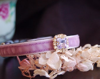Cute rhinestone Cat collar, light purple velvet small dog collar,Kitten collar.Tiny dog collar, Birthday cat gift,kitty collar.puppy collar