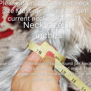 May include: A hand measures a dog's neck with a yellow measuring tape. The tape reads "10 inches". The text on the image reads "Please do not Guess pet neck size Must measure your pet current neck CORRECT! Neck size: 10 inches Please use a soft measuring tape around pet Neck measure your pet neck Correct! made to order. There is no return. everyone gets brand new collar for your lovely pet."