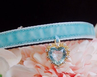 Princess Cat collar,rhinestone Cat collar,light blue velvet dog collar,Kitten collar.Tiny dog collar,Tea cup dog ,kitty collar.puppy collar