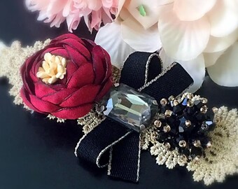 elegant wine and black flower Cat collar,wedding cat collar,small dog collar,Teacup dog collar. Puppy collar,Dog Or cat Photography prop