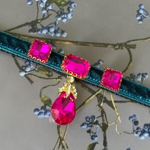 Luxury hot pink rhinestone breakaway Cat collar,peacock blue velvet small dog collar,Kitten collar.Tiny dog collar, Birthday cat gift,collar