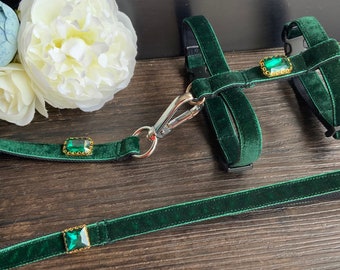 Cat harness and leash.black green velvet tiny dog harness and leash.puppy harness and leash.Harness for Teacup Dog.yorkie harness and leash