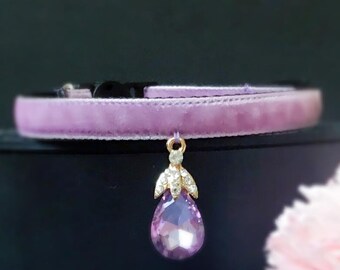 Cute Rhinestone Cat Collar, Light Purple Velvet Small Dog Collar