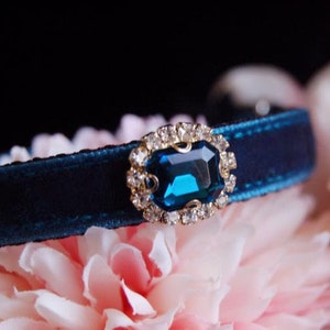 Beautiful rhinestone breakaway Cat collar,peacock blue velvet small dog collar,Kitten collar.Tiny dog collar, Birthday cat gift,kitty collar