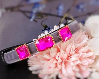 Luxury hot pink rhinestone Cat collar,grey velvet small dog collar,breakaway Cat collar.Tea cup dog collar kitty collar.puppy collar.