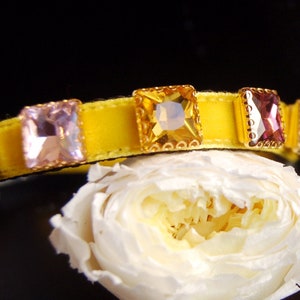 Beautiful rhinestone Cat collar,yellow velvet small dog collar,Kitten collar.Tiny dog collar,Tea cup dog gift,kitty collar.puppy collar