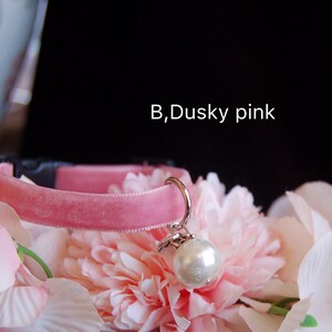 May include: A pink velvet cat collar with a silver charm featuring a pearl. The collar is displayed on a bed of pink and white flowers. The text "B, Dusky pink" is visible in the image.