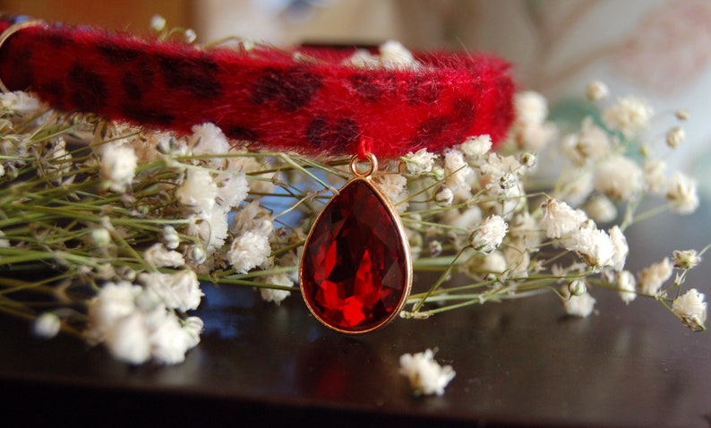 May include: A red faux fur collar with a large, teardrop-shaped, red gemstone pendant.
