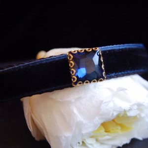 Rhinestone Cat collar,vintage style Dark navy velvet small dog collar,Kitten collar.puppy or Tiny dog collar, Birthday cat gift,kitty collar