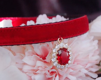 May include: A red velvet pet collar with a gold pendant featuring a large red gemstone surrounded by clear rhinestones.