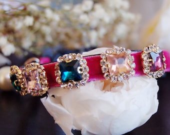 Beautiful rhinestone Cat collar,hot pink velvet small dog collar,Kitten collar.Tiny dog collar,kitty collar.teacup dog collar.puppy collar