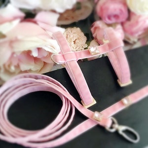May include: Pink velvet pet harness with a matching leash and crystal accents. The harness has a chest strap and a back strap that connect with a buckle. The leash is attached to the harness with a metal clip.