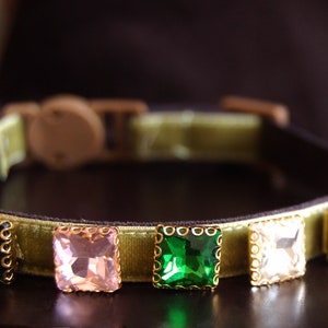 Beautiful rhinestone Cat collar,  velvet dog olive green ollar,Kitten collar.Tiny dog collar, Birthday cat gift,kitty collar.puppy collar.